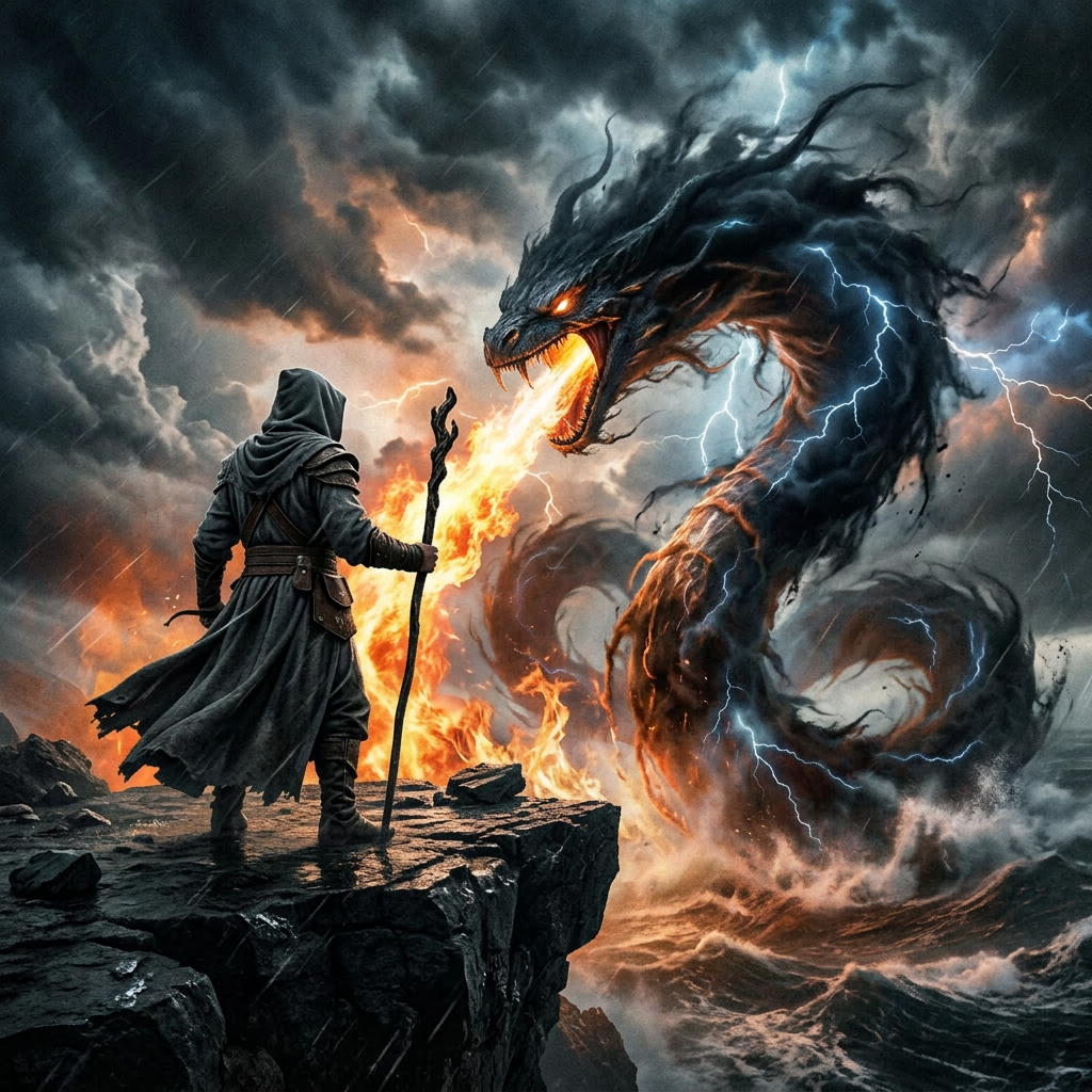 Cloaked figure holding staff confronting a large dark dragon formed from storm clouds and lightning over rough sea